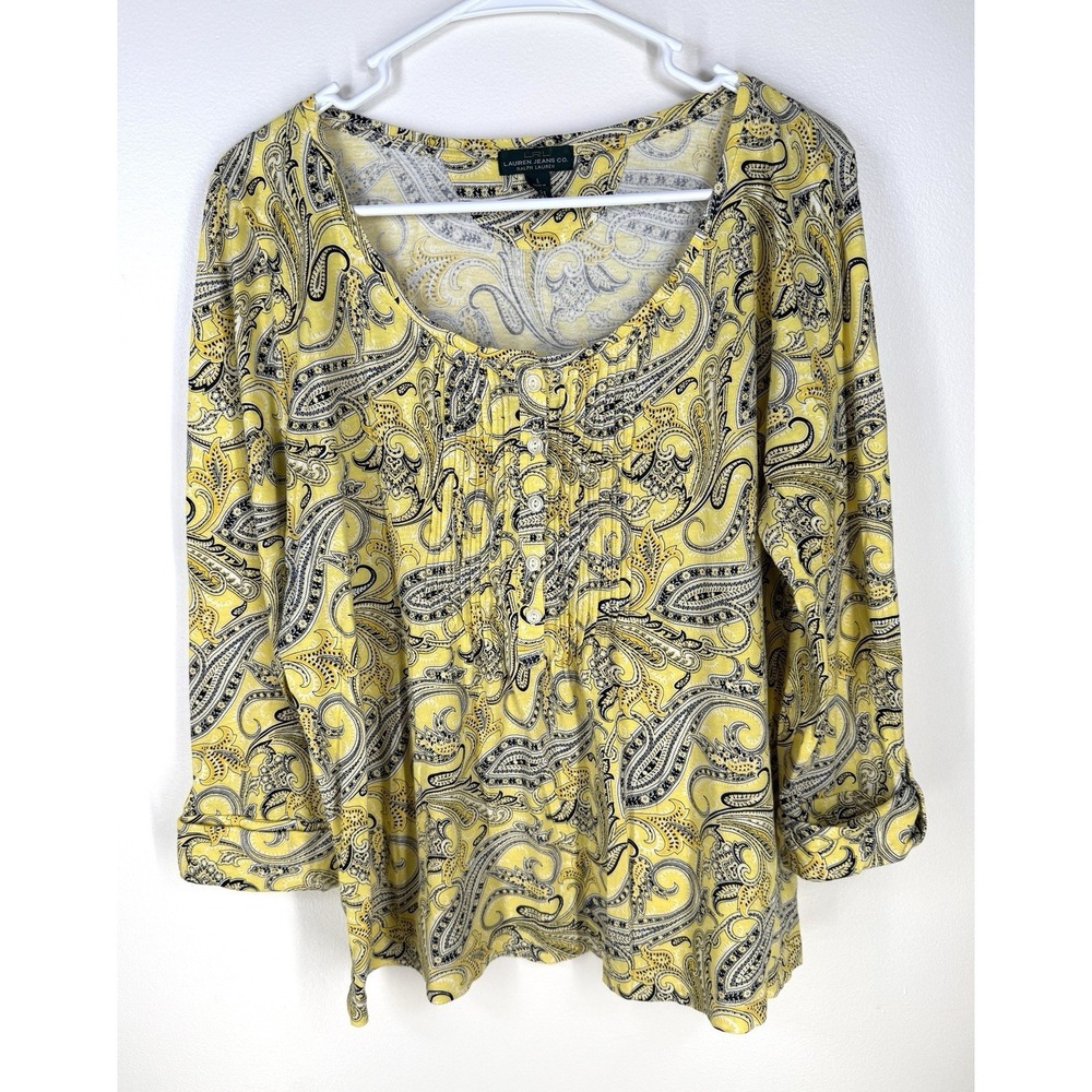 Lauren Jeans Co. Ralph Lauren Women's Large Yellow Paisley Buttons Cuff Sleeve
